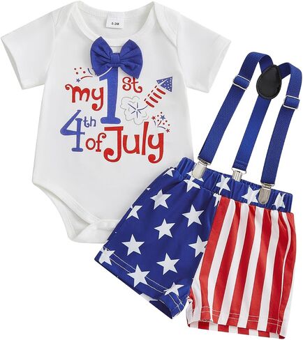 Baby Boy 4th of July Outfit Short Sleeve Letter Bowtie Romper and Suspender Shorts Gentleman Clothes 0-18 Months in Kuwait