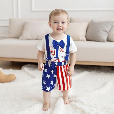 Baby Boy 4th of July Outfit Short Sleeve Letter Bowtie Romper and Suspender Shorts Gentleman Clothes 0-18 Months in Kuwait