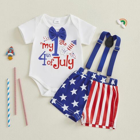 Baby Boy 4th of July Outfit Short Sleeve Letter Bowtie Romper and Suspender Shorts Gentleman Clothes 0-18 Months in Kuwait