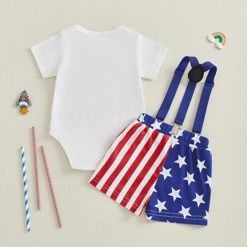 Baby Boy 4th of July Outfit Short Sleeve Letter Bowtie Romper and Suspender Shorts Gentleman Clothes 0-18 Months in Kuwait