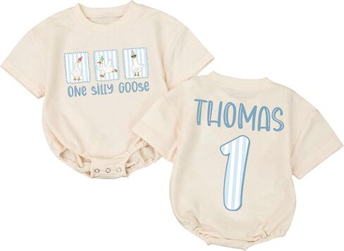 Custom One First Birthday Boy Bubble Romper, Personalized Name Short Sleeve 1st Birthday Outfit Boy in Kuwait