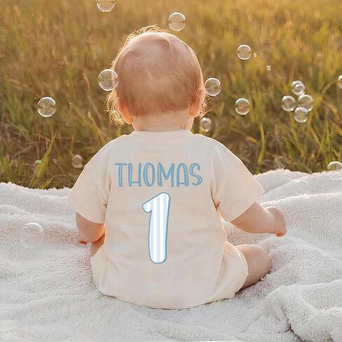 Custom One First Birthday Boy Bubble Romper, Personalized Name Short Sleeve 1st Birthday Outfit Boy in Kuwait