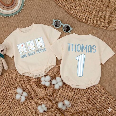 Custom One First Birthday Boy Bubble Romper, Personalized Name Short Sleeve 1st Birthday Outfit Boy in Kuwait