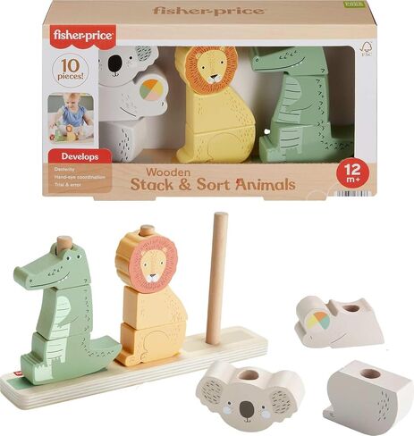 Fisher-Price Wood Baby Toy Stack & Sort Animals, 10 Wooden Pieces for Developmental Play for Infants & Toddlers Ages 1+ Years in Kuwait