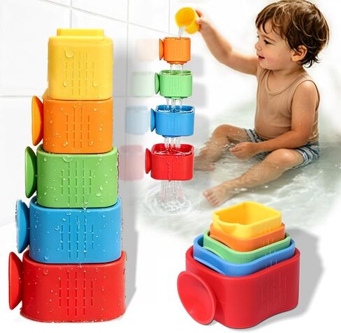 Suction Cup Bath Toys for Toddlers: 5PCS Waterfall Stacking Cups Bathtub Toys for Babies & Infants, Essential Bathtime Silicone Water Toys, Montessori Sensory Play for Boys & Girls 1 2 3 Years in Kuwait