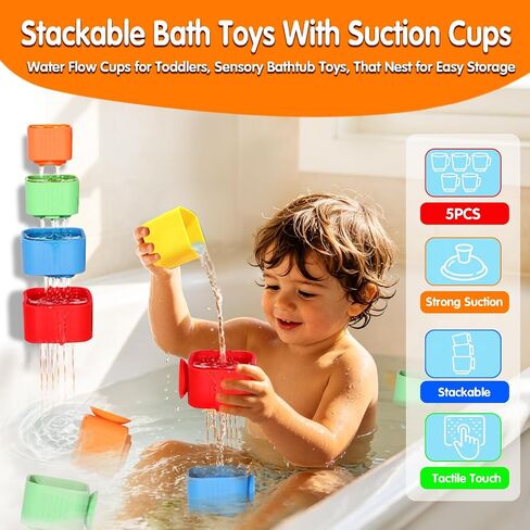 Suction Cup Bath Toys for Toddlers: 5PCS Waterfall Stacking Cups Bathtub Toys for Babies & Infants, Essential Bathtime Silicone Water Toys, Montessori Sensory Play for Boys & Girls 1 2 3 Years in Kuwait