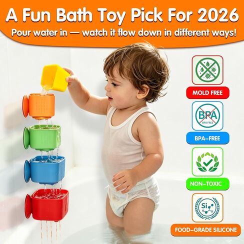 Suction Cup Bath Toys for Toddlers: 5PCS Waterfall Stacking Cups Bathtub Toys for Babies & Infants, Essential Bathtime Silicone Water Toys, Montessori Sensory Play for Boys & Girls 1 2 3 Years in Kuwait