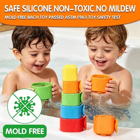 Suction Cup Bath Toys for Toddlers: 5PCS Waterfall Stacking Cups Bathtub Toys for Babies & Infants, Essential Bathtime Silicone Water Toys, Montessori Sensory Play for Boys & Girls 1 2 3 Years in Kuwait