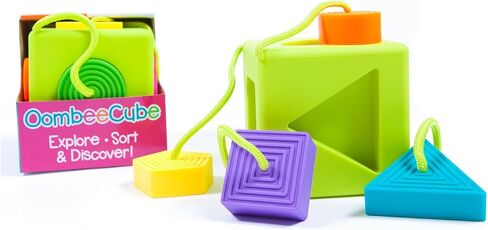 Fat Brain Toys OombeeCube, Toddler and Baby Toys 10 Months and Up, Travel-Friendly Shape Sorter with Tethered Shapes for Early Learning in Kuwait