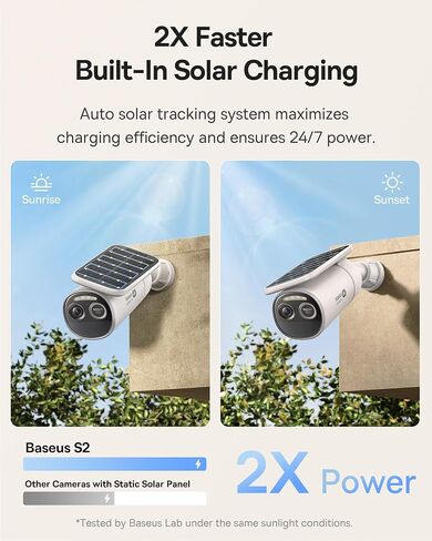 Baseus S2 4K Solar Security Cameras Wireless Outdoor - Radar+PIR Detection, AI Face Recognition, Auto Sunlight-Tracking, Color Night Vision, IP67, No Monthly Fee, Local Storage, Featured at CES 2025 in Kuwait