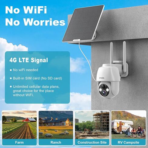 4G LTE Cellular Security Camera, No WiFi Solar Powered Wireless Outdoor Camera with Built in SIM Card, 2K Color Night Vision, 360° Full View, PIR Motion Detection & Siren, 2 Way Talk in Kuwait