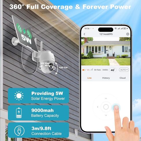 4G LTE Cellular Security Camera, No WiFi Solar Powered Wireless Outdoor Camera with Built in SIM Card, 2K Color Night Vision, 360° Full View, PIR Motion Detection & Siren, 2 Way Talk in Kuwait