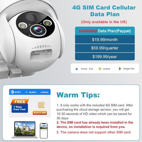 4G LTE Cellular Security Camera, No WiFi Solar Powered Wireless Outdoor Camera with Built in SIM Card, 2K Color Night Vision, 360° Full View, PIR Motion Detection & Siren, 2 Way Talk in Kuwait