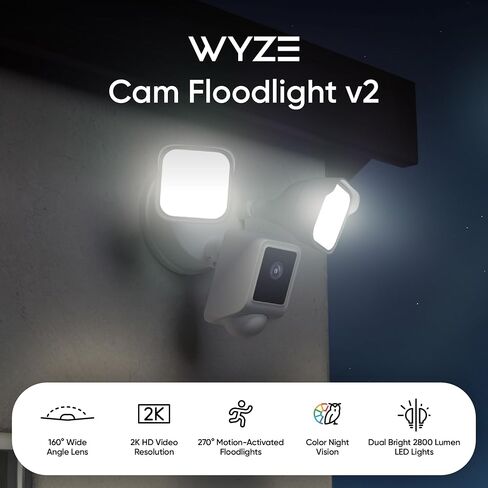 WYZE Floodlight Camera v2, 2800-Lumen LEDs, 2K HD Outdoor Security Camera, 160° Wide View, Motion Activated Light, 105dB Siren, Cloud & Local Storage, Color Night Vision, Wired (Renewed), Black in Kuwait