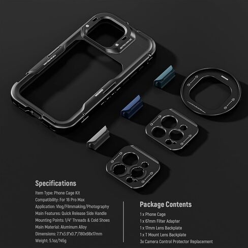 NEEWER 16 Pro Max Cage, Quick Release Video Rig Phone Stabilizer Compatible with iPhone 16 Pro Max with Adapters of 67mm Filter, 17mm Lens & T Mount Lens, Full Camera Control Access, PA074 in Kuwait