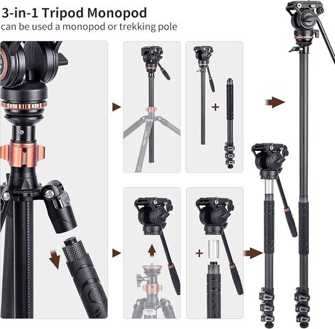 Cayer CF2451 Carbon Fiber Tripod, 75" Fluid Head 4-Section for DSLR | 4-Section Legs, Video Tripod Head, Converts To Monopod, 13.2 Lb Load, Dual-Mode Compatible Mount in Kuwait