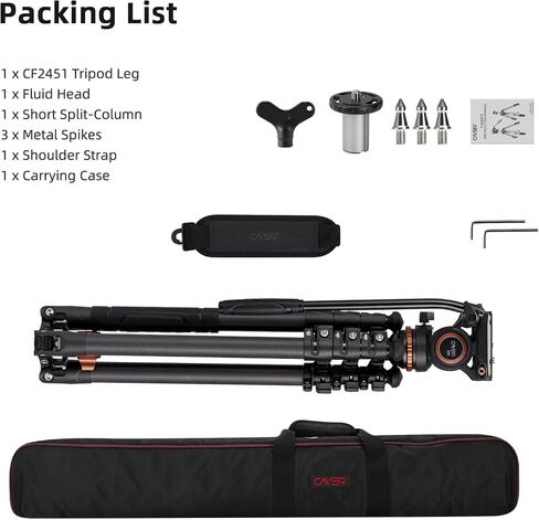 Cayer CF2451 Carbon Fiber Tripod, 75" Fluid Head 4-Section for DSLR | 4-Section Legs, Video Tripod Head, Converts To Monopod, 13.2 Lb Load, Dual-Mode Compatible Mount in Kuwait