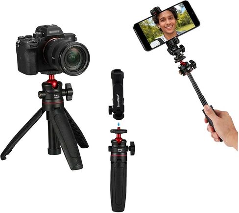 Black Mini Tripod Phone Stand with 1/4" Screw for iPhone/Insta 360 X5/ DJI/OSMO/Pocket 3 /Sony/Canon/Nikon/Cameras, Extendable Handheld Vlogging Video Filming Table Stand in Kuwait