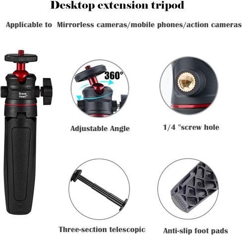 Black Mini Tripod Phone Stand with 1/4" Screw for iPhone/Insta 360 X5/ DJI/OSMO/Pocket 3 /Sony/Canon/Nikon/Cameras, Extendable Handheld Vlogging Video Filming Table Stand in Kuwait
