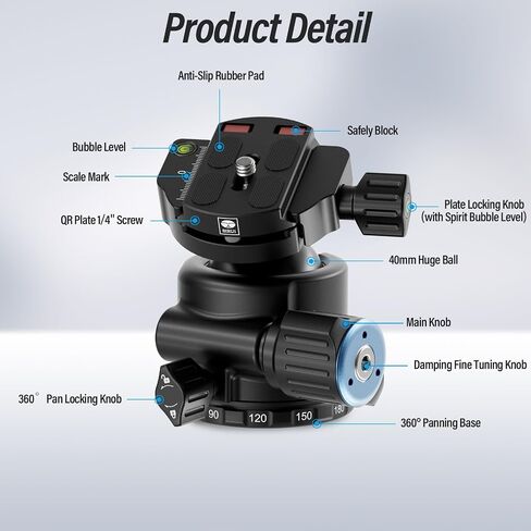 SIRUI AM-40 Low Profile Ball Head, Professional Heavy Duty 40mm Tripod Ball Head, 360° Panoramic CNC Aluminium Alloy Tripod Head for DSLR Camera, Camcorder, Quick Release Plate, Max Load 55lbs/25KG in Kuwait