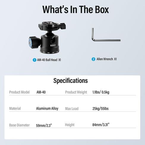 SIRUI AM-40 Low Profile Ball Head, Professional Heavy Duty 40mm Tripod Ball Head, 360° Panoramic CNC Aluminium Alloy Tripod Head for DSLR Camera, Camcorder, Quick Release Plate, Max Load 55lbs/25KG in Kuwait