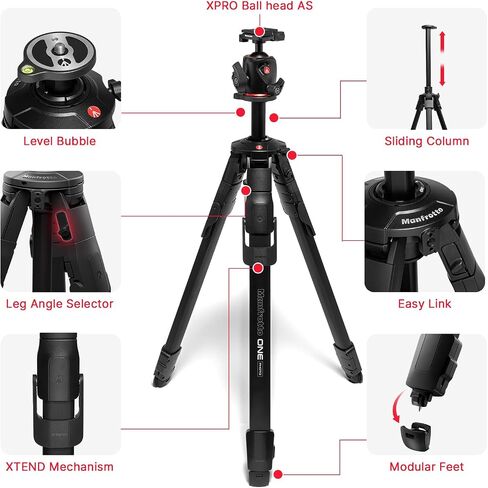 Manfrotto ONE Photo, Aluminum Tripod Kit, XPRO Ball Head Arca Swiss, 26.4lbs Load, 90° Horizontal Column, XTEND Legs Fast Setup, Modular Feet, Professional Photo Tripod Kit, DSLR & Mirrorless Cameras in Saudi Arabia
