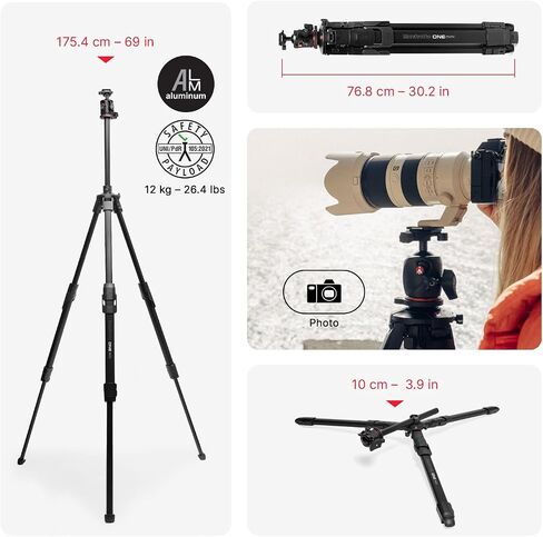 Manfrotto ONE Photo, Aluminum Tripod Kit, XPRO Ball Head Arca Swiss, 26.4lbs Load, 90° Horizontal Column, XTEND Legs Fast Setup, Modular Feet, Professional Photo Tripod Kit, DSLR & Mirrorless Cameras in Saudi Arabia