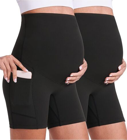 Enerful Maternity Biker Shorts with Pockets 8"/5" | Over The Belly,High Waisted,Comfy,Buttery Soft,Pregnancy Yoga,Workout,Active,Gym,Bump Friendly,Postpartum in Kuwait