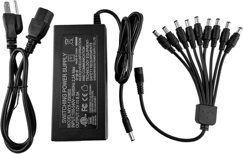 12V 8A Security Camera and DVR Power Adapter with 9-Way Splitter | 100V-240V Input, 2.1x5.5mm Plug, Compatible with Lorex, Night Owl, Swann, ZOSI, Reolink, Annke IP and BNC Cameras in Kuwait