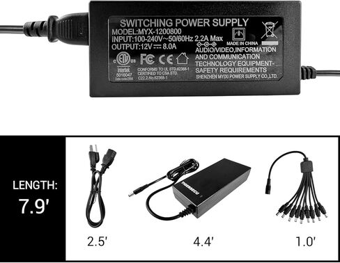 12V 8A Security Camera and DVR Power Adapter with 9-Way Splitter | 100V-240V Input, 2.1x5.5mm Plug, Compatible with Lorex, Night Owl, Swann, ZOSI, Reolink, Annke IP and BNC Cameras in Kuwait