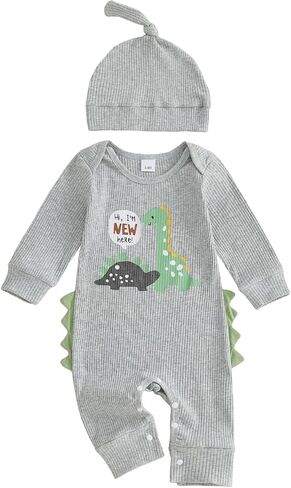 allshope Newborn Baby Boy Fall Outfit Romper Hi I'm New Here Dinosaur Print Long Sleeve Jumpsuit Bodysuit Cute Infant Clothes in Kuwait