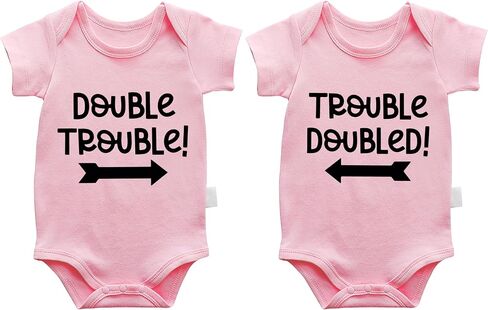 2-Pack Baby Twins Bodysuits Double Trouble Newborn Cotton Short Sleeve Funny Outfits Infant Twin Unisex Romper 0-12M in Saudi Arabia