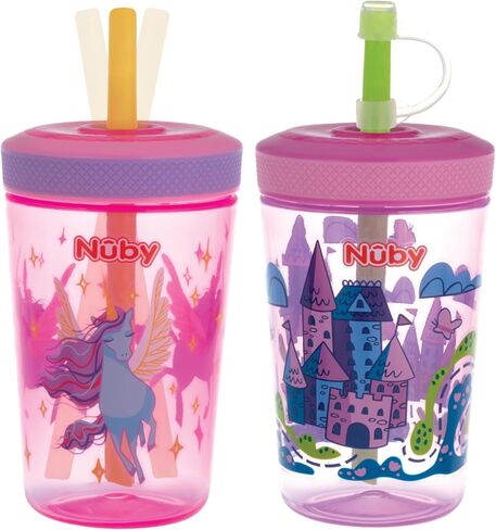 Nuby Thirsty Kids Super Sipper No-Spill Toddler Cup with 360° Silicone Valve & Swivel Straw - (2 Pack) 14 oz - Leak-Resistant with Easy Clean Design - Animals & Space in Kuwait