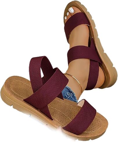 Low Heel Stretch Sandals for Women Dressy, Womens Elastic Strap Flat Slide Sandals, Summer Open Toe Casual Comfortable and Lightweight Slip On Beach Shoes in Kuwait