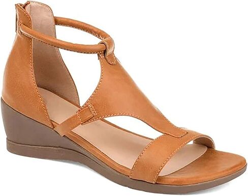 XWCG Women's Casual Sandals Breathable Wedge Sandal Buckle Ankle Strap Peep Toe Flatform Shoes Faux-Leather Comfy Sandals Platform Flat Beach Shoes,Brown,40 in Kuwait