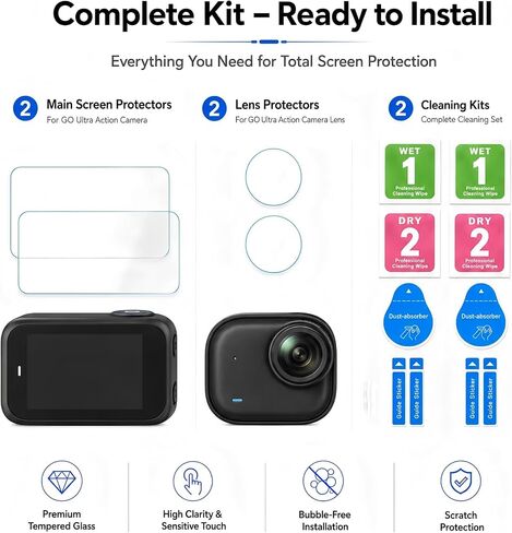 Custom Fit for Insta360 Go Ultra Camera Screen Lens Protector – 2 Tempered Glass Screen Protective Cover + 2 Lens PET Protector, Full-Screen Edge-to-Edge, Crystal Clear, Bubble-Free, Anti-Scratch in Kuwait