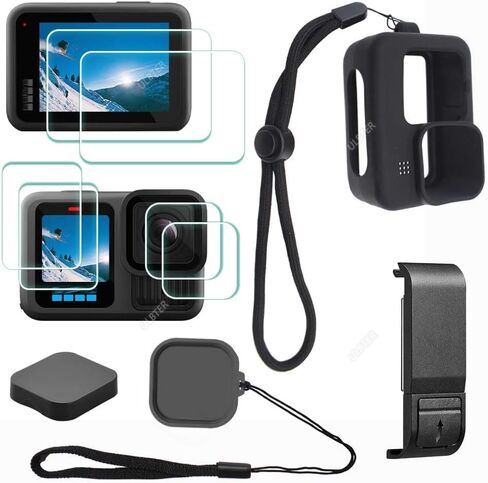 ULBTER Accessory for GoPro Hero 12 11 10 9 Rubber Case+Battery Door+Lanyard | Hero12 Hero11 Hero10 Black Sleeve+ 6PCS Screen Protector +2 Lens Cap Cover +Battery Door + Lanyard + Keeper in Kuwait