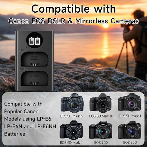 LP-E6 USB Dual Slot Charger for Canon EOS R6 Mark II R5 R6 R7 | Smart Camera Battery Charger for Canon LP-E6N LP-E6NH, Fits 5D Mark IV III II 6D II 90D 80D in Kuwait