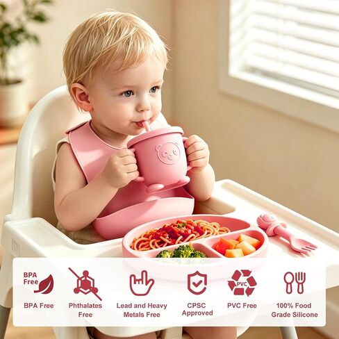 Silicone Baby Feeding Utensils Set for 6+ Months, 8 Pcs, Pink in Kuwait