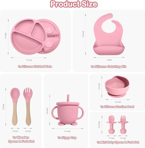 Silicone Baby Feeding Utensils Set for 6+ Months, 8 Pcs, Pink in Kuwait