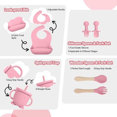 Silicone Baby Feeding Utensils Set for 6+ Months, 8 Pcs, Pink in Kuwait
