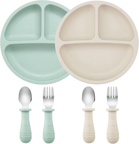 PandaEar Baby Feeding Set| 2 Pack Silicone Divided Suction Plate, 2 Set Toddler Spoons & Forks| Baby Led Weaning Supplies Self Feeding Eating Utensils (Green & White) in Kuwait