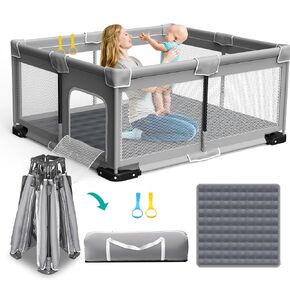 ICAREWAY Foldable Playpen for Babies and Toddlers, 50x50 Inches Portable Playpen, Kids Collapsible Play Pen with 2 Handlers, Indoor & Outdoor Baby Fence Play Area with Visible Mesh, Dark Gray in Kuwait