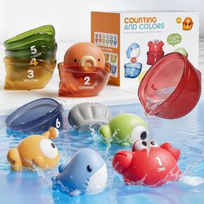 12 PCS No-Hole Matching Bath Toys with Cups 1-3 | 6 Squeezable No-Hole Animals + 6 ABS cups. Match by Color & Number. Stack Teaching Counting & Colors in Kuwait