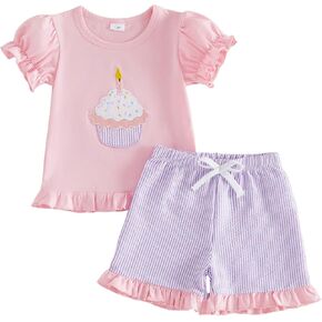 Toddler Girl Birthday Outfit Ruffle Embroidery Short Sleeve Tee and Shorts Little Kids 2PCS Summer Clothes in Saudi Arabia