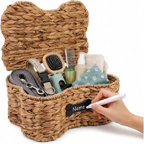 Pethiy Dog Toy Basket with Lid, Woven Water Hyacinth Pet Toy Storage, Seagrass Edge Dog Toys Organizer Bone Shape Basket Toy Box for Dogs Bone Shaped Basket in Saudi Arabia