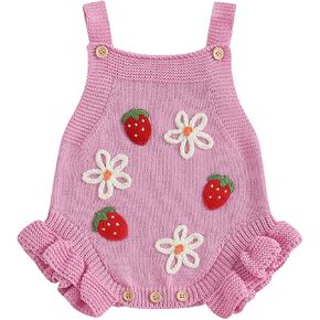 Newborn Baby Girl Romper Knit Sweater Cute Flower Strawberry Clothes Summer Sleeveless Square Neck Infant Outfit in Saudi Arabia