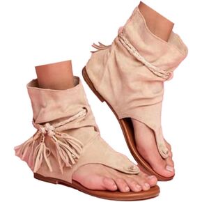 Tassel Sandals for Women - 2026 Casual Bohemian T-Strap Open Toe Beach Sandals Gladiator Fringe Flip Flops Flat Clip Toe Ankle Boots Sandals in Kuwait