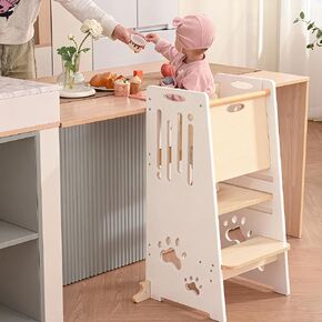 Toddler Tower Height-Adjustable Natural Step Stool with Sliding Safety Door | Easy to Adjust Height,Suitable for Kids from 18 Months to 5 Years Old,Anti-tilt Kitchen Step Stool with Safety Feet in Kuwait