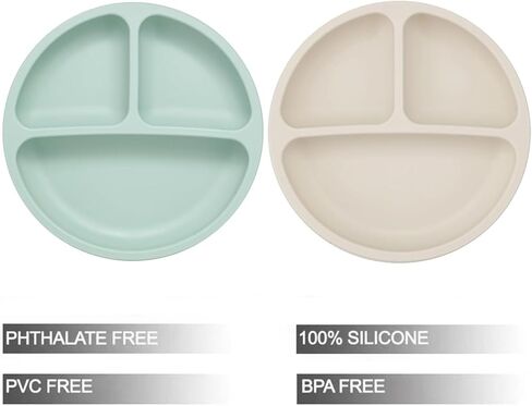 PandaEar Baby Feeding Set| 2 Pack Silicone Divided Suction Plate, 2 Set Toddler Spoons & Forks| Baby Led Weaning Supplies Self Feeding Eating Utensils (Green & White) in Kuwait